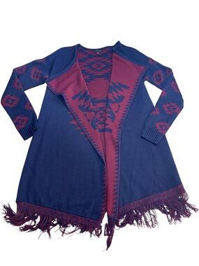 Signature Studio Tunic Duster Cardigan Sweater Medium Blue Red Aztec Open Front